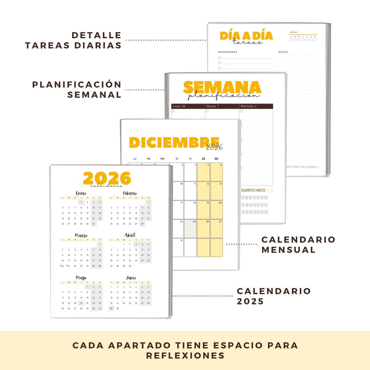 Agenda 2026 con fecha amarilla - Tareas diarias 12 meses