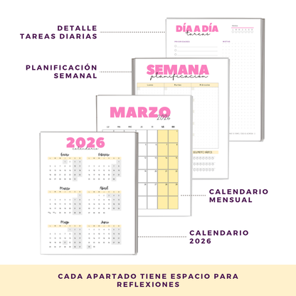Agenda 2026 con fecha rosa - Tareas diarias 12 meses