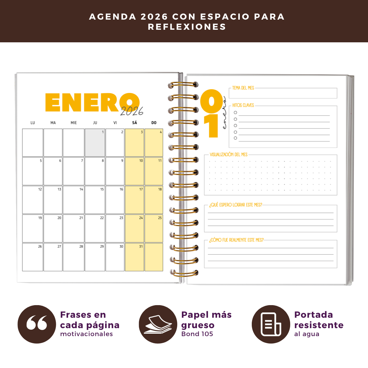 Agenda 2026 con fecha amarilla - Tareas diarias 12 meses