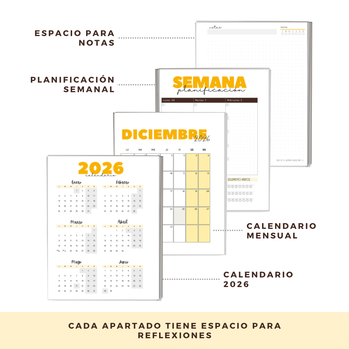 Agenda 2026 con fecha neutra - 12 meses espacio notas liviana