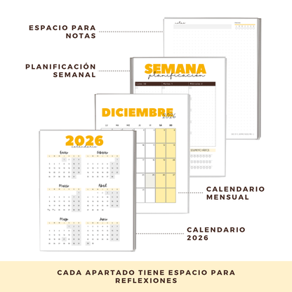 Agenda 2026 con fecha neutra - 12 meses espacio notas liviana