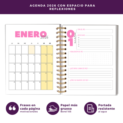 Agenda 2026 con fecha rosa - Tareas diarias 12 meses