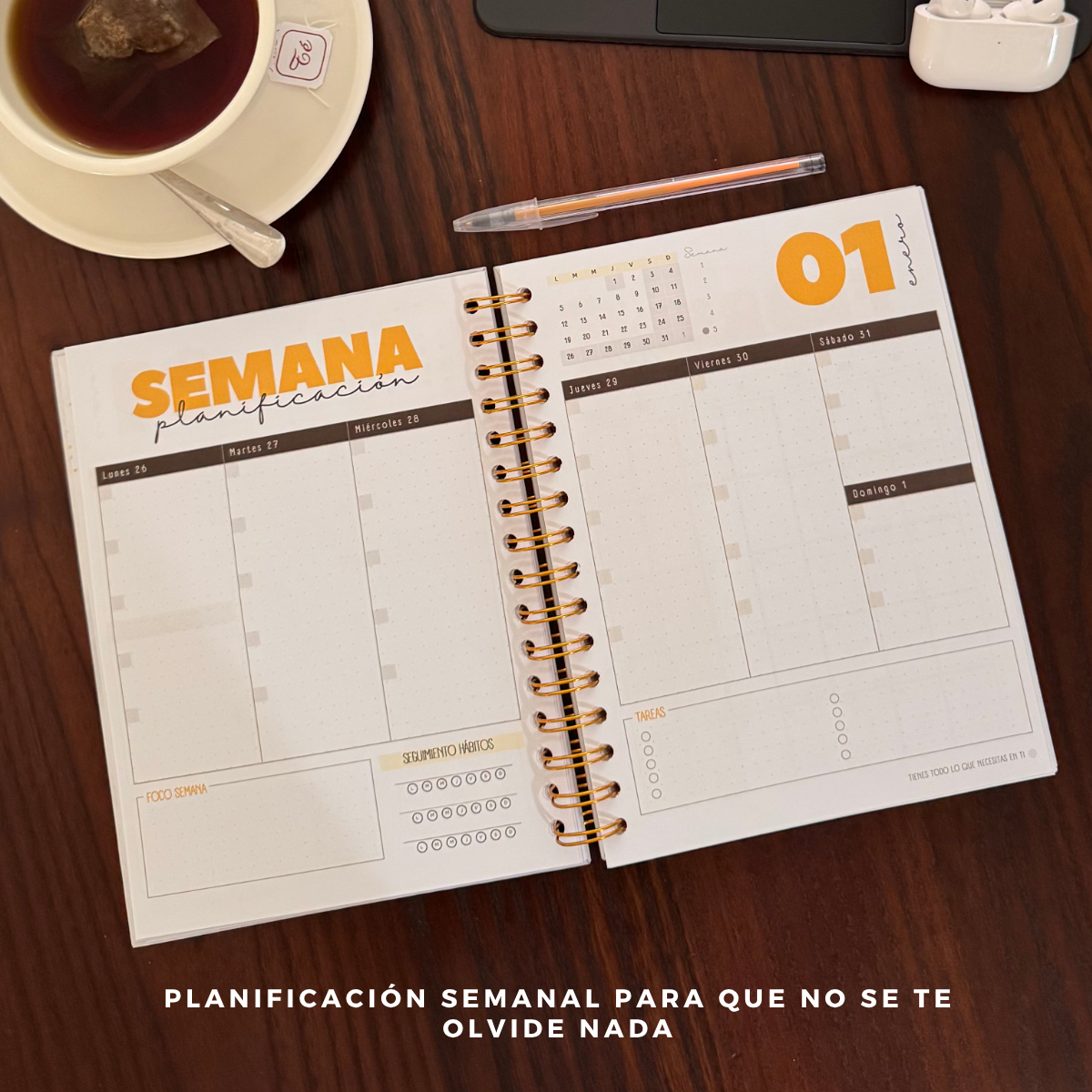 Agenda 2026 con fecha neutra - 12 meses espacio notas liviana