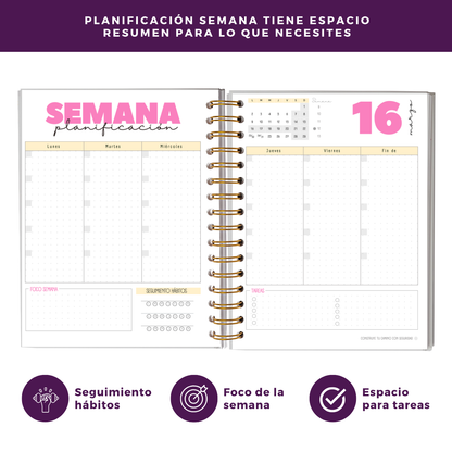 Agenda 2026 con fecha rosa - Tareas diarias 12 meses
